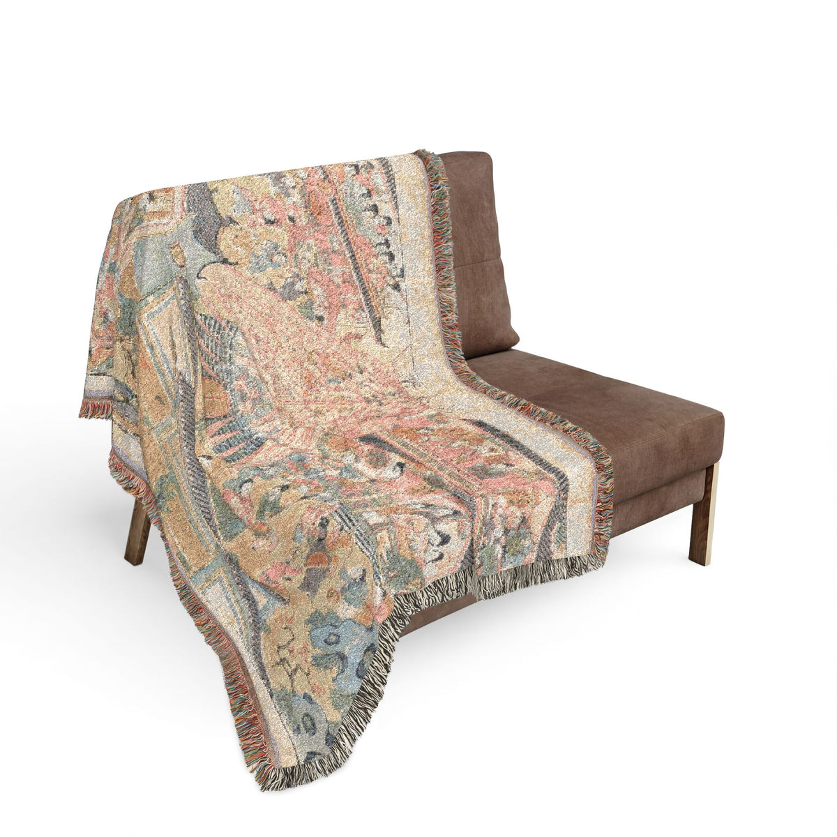 Happy New Year Woven Throw Blanket sofa drape, Belle Epoque gold and navy celebration across sofa back, fringe edge