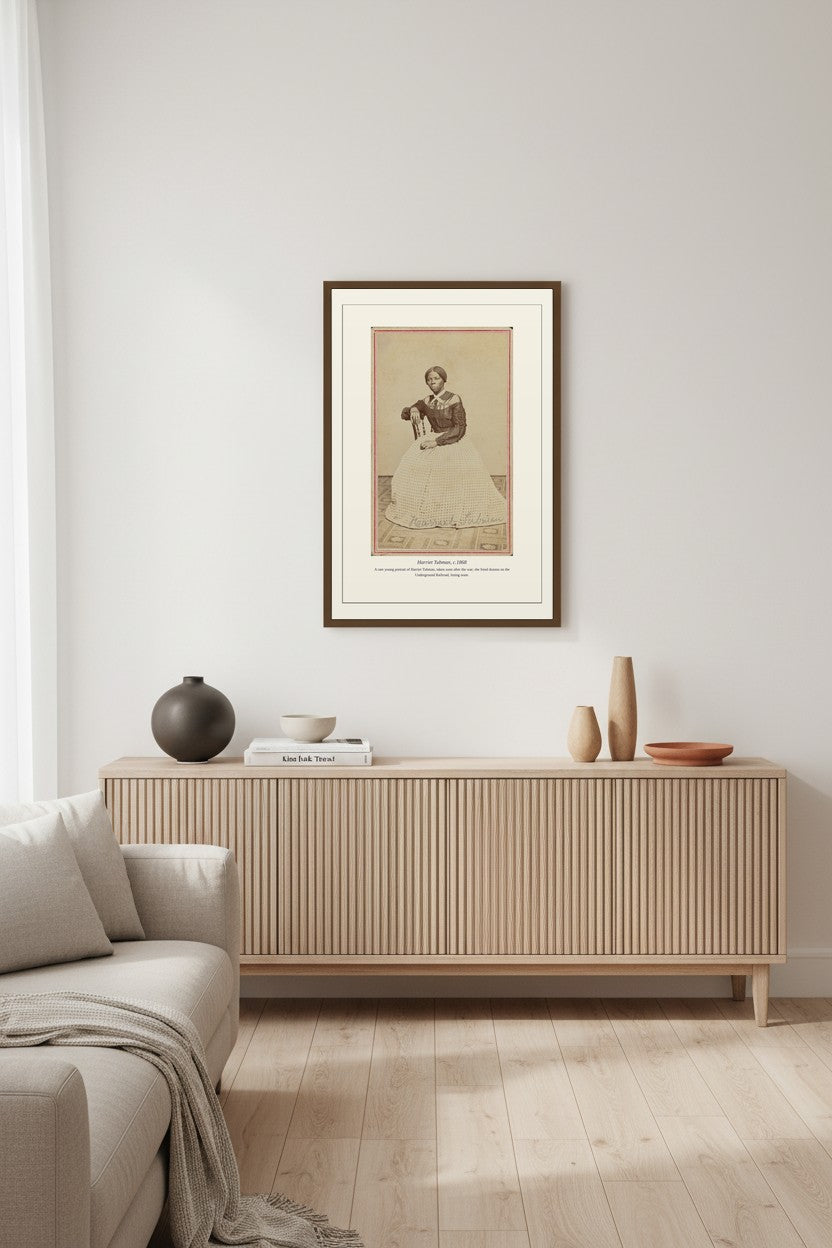 Harriet Tubman portrait print above a fluted wood sideboard in a bright neutral room