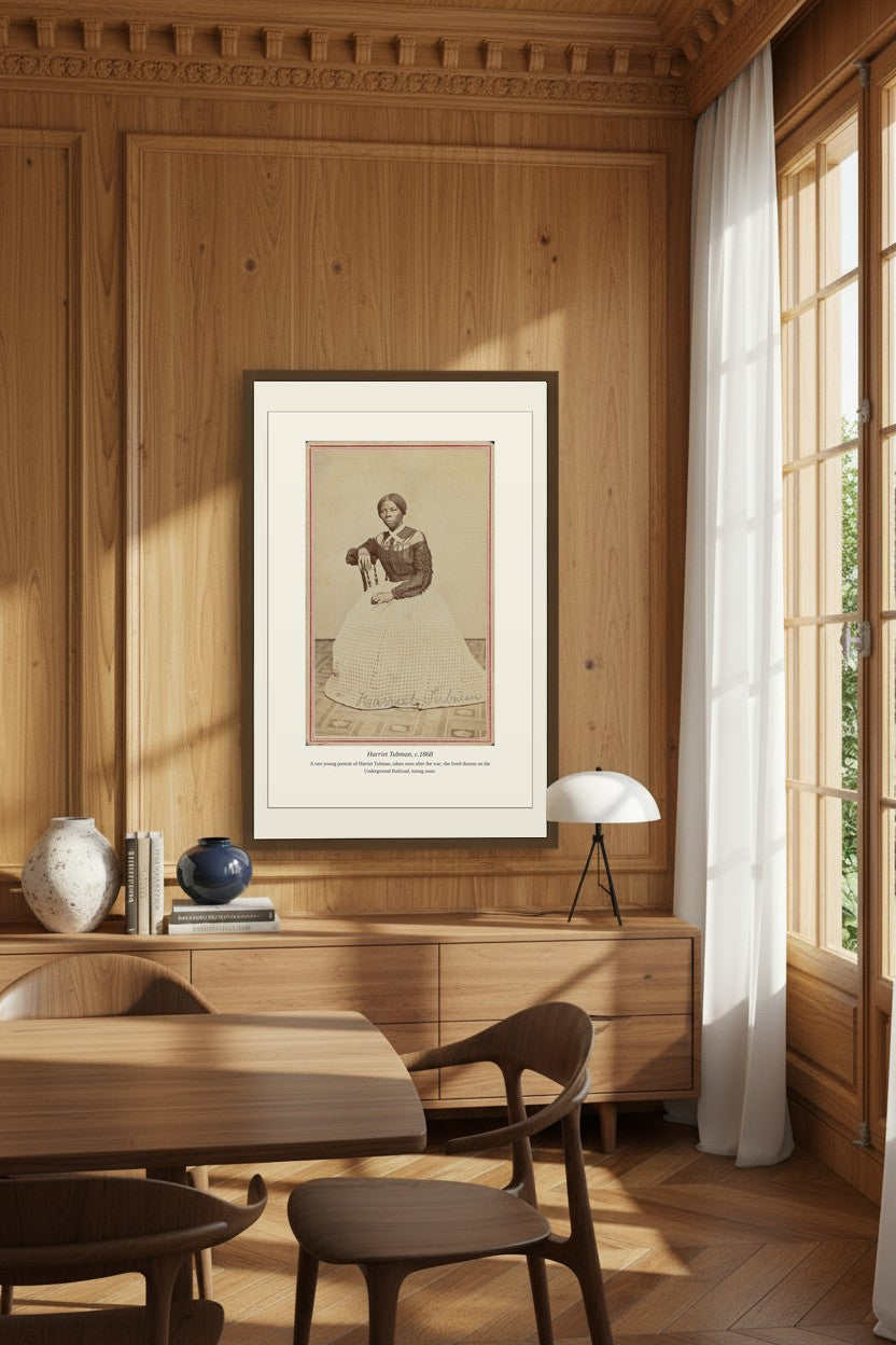 Harriet Tubman portrait print framed on wood-paneled wall in a dining room setting
