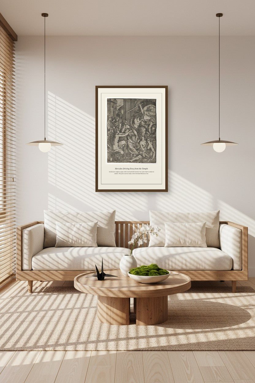 framed Hercules engraving above a light wood sideboard between two pendant lights over a woven sofa
