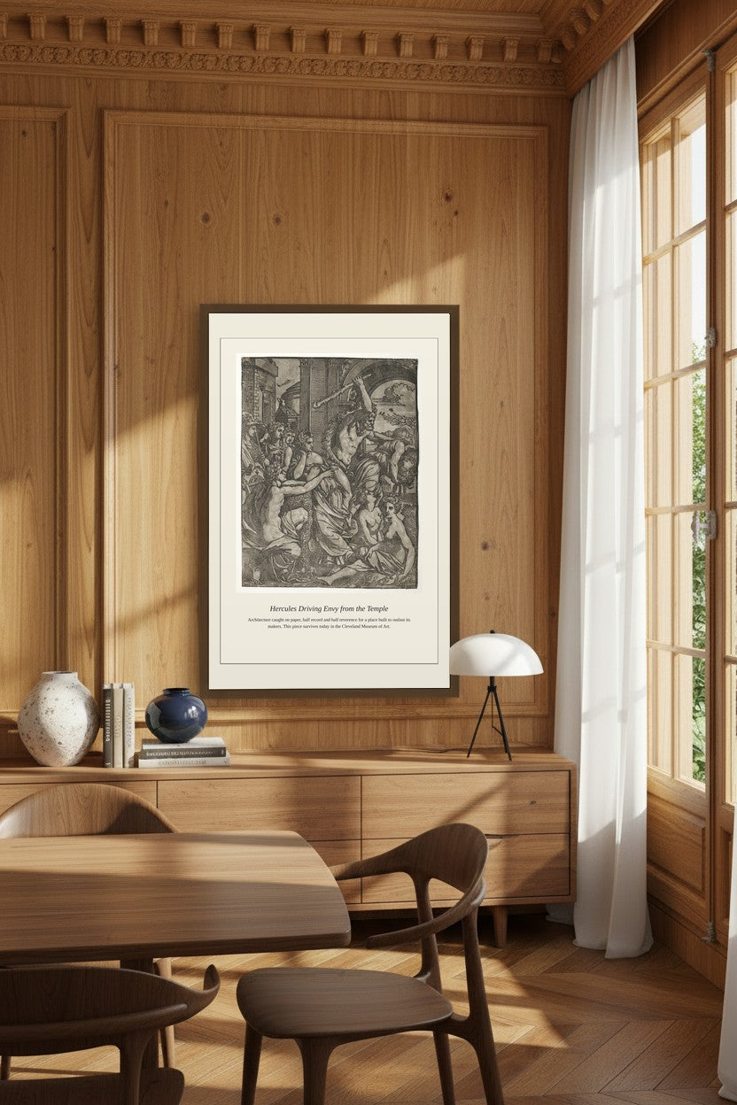 framed Hercules engraving in a wood-paneled dining room beside a floor lamp and curtained window