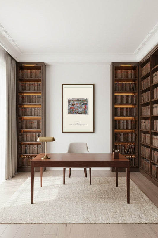 Here Be Dragons map print framed in a dark wood library beside a desk