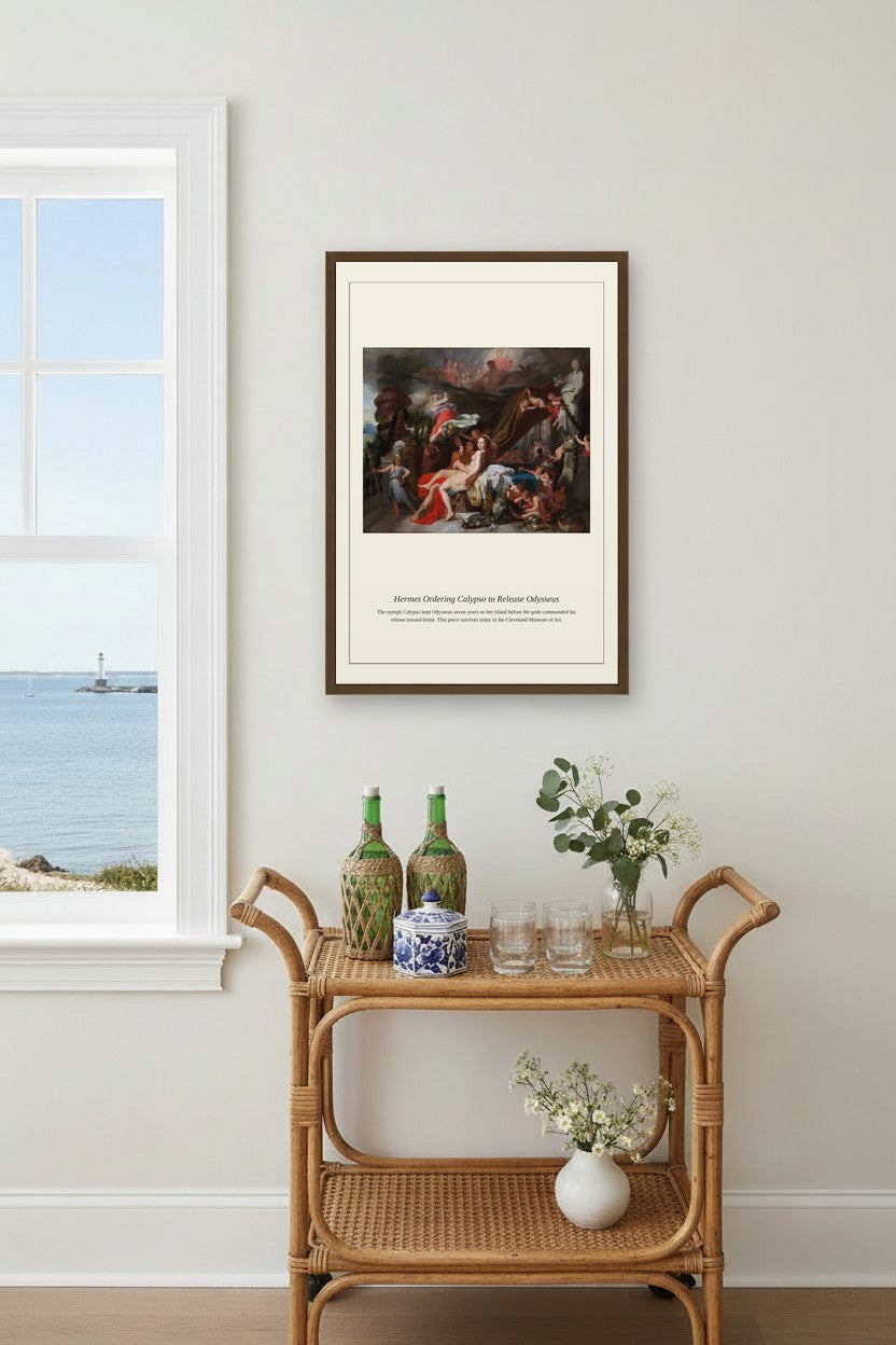 Hermes Ordering Calypso to Release — Antique Mythological Print