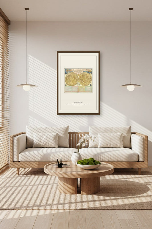 Hevelius's Moon Map framed and hung in a wood-paneled dining room