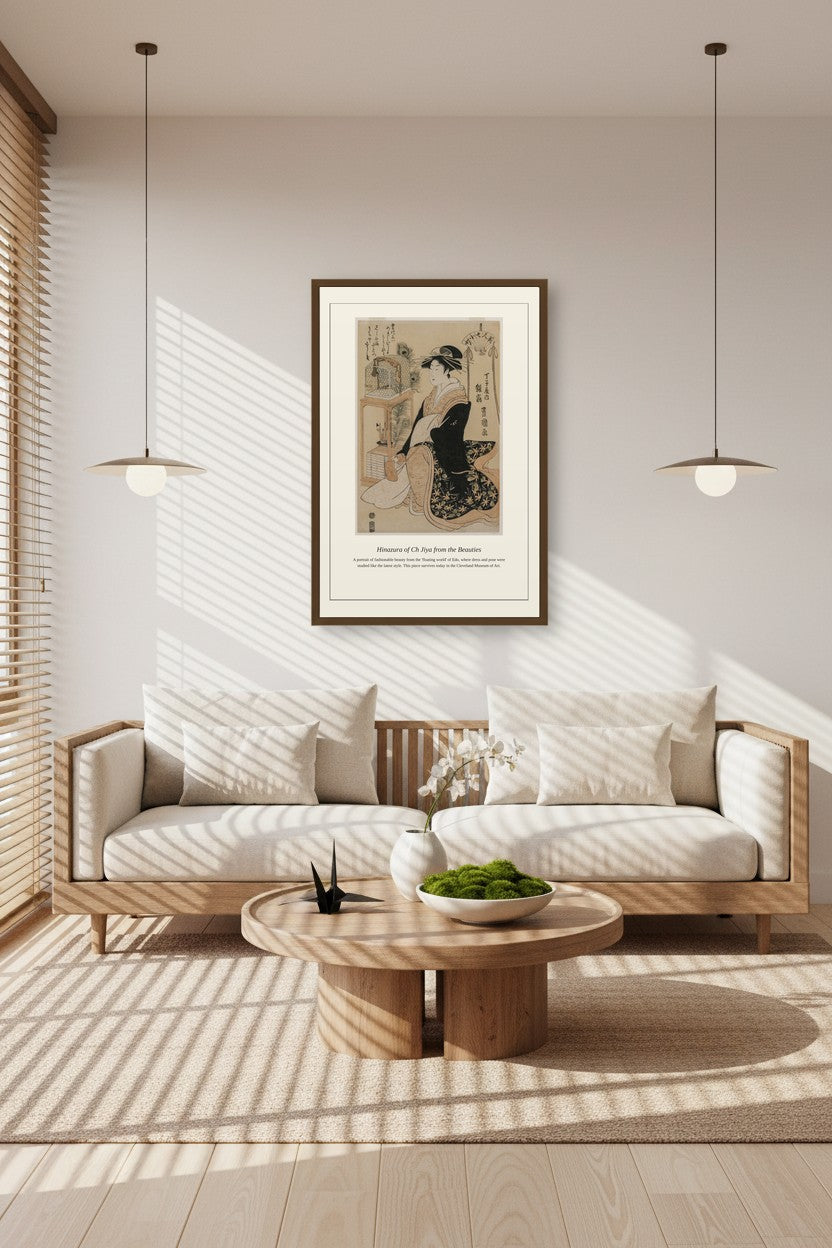 Hinazura of Ch Jiya from the Beauties print framed above a console table beside a potted plant