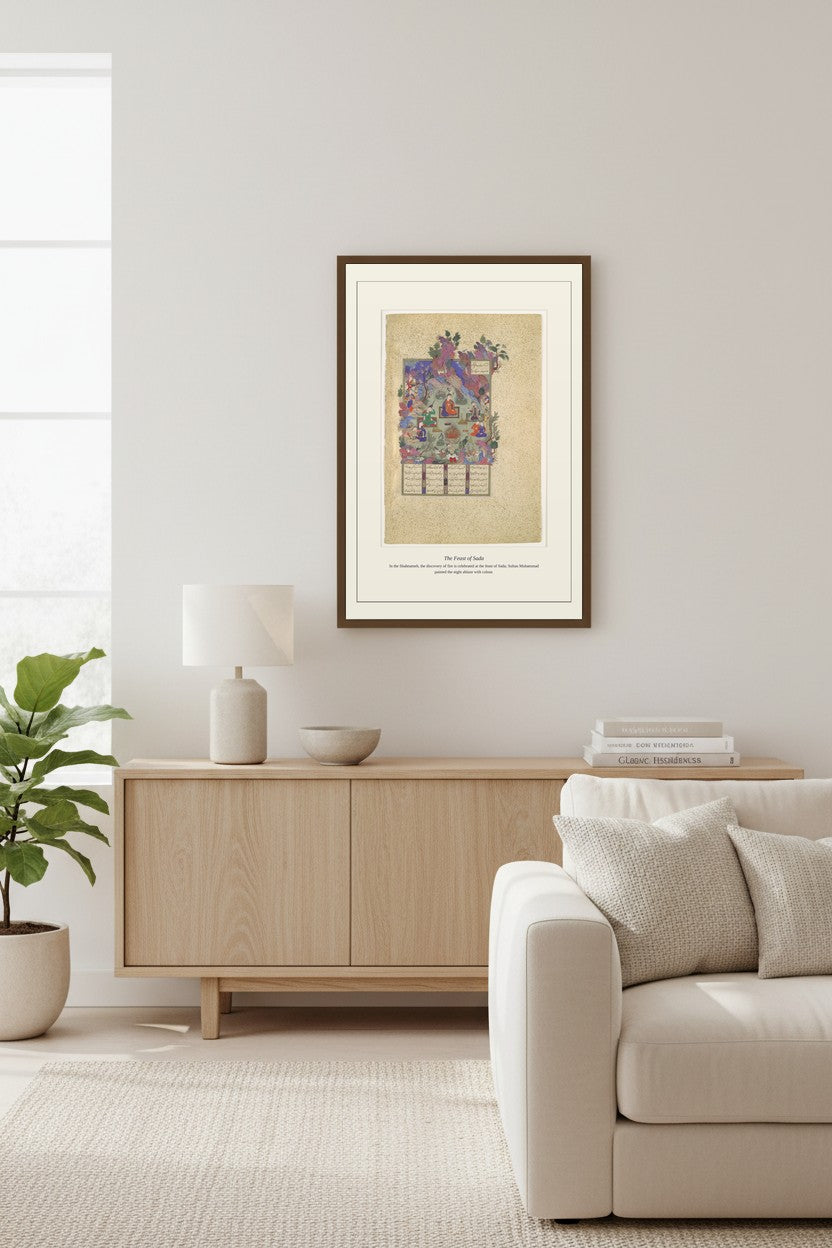The Feast of Sada framed above a sofa in a sunlit living room