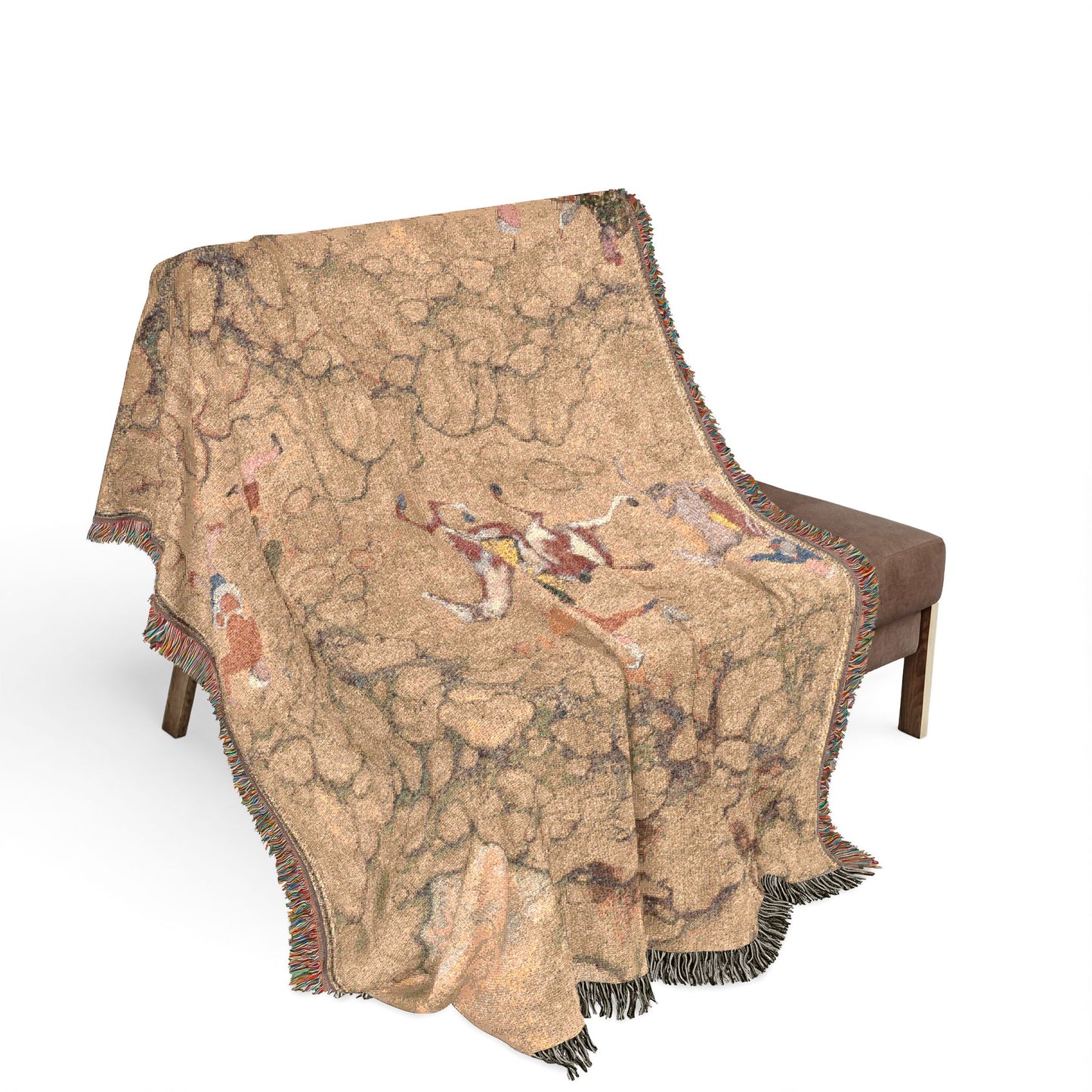 Hunting with falcons throw blanket draped over bench tan textured landscape with small hunting figures fringed