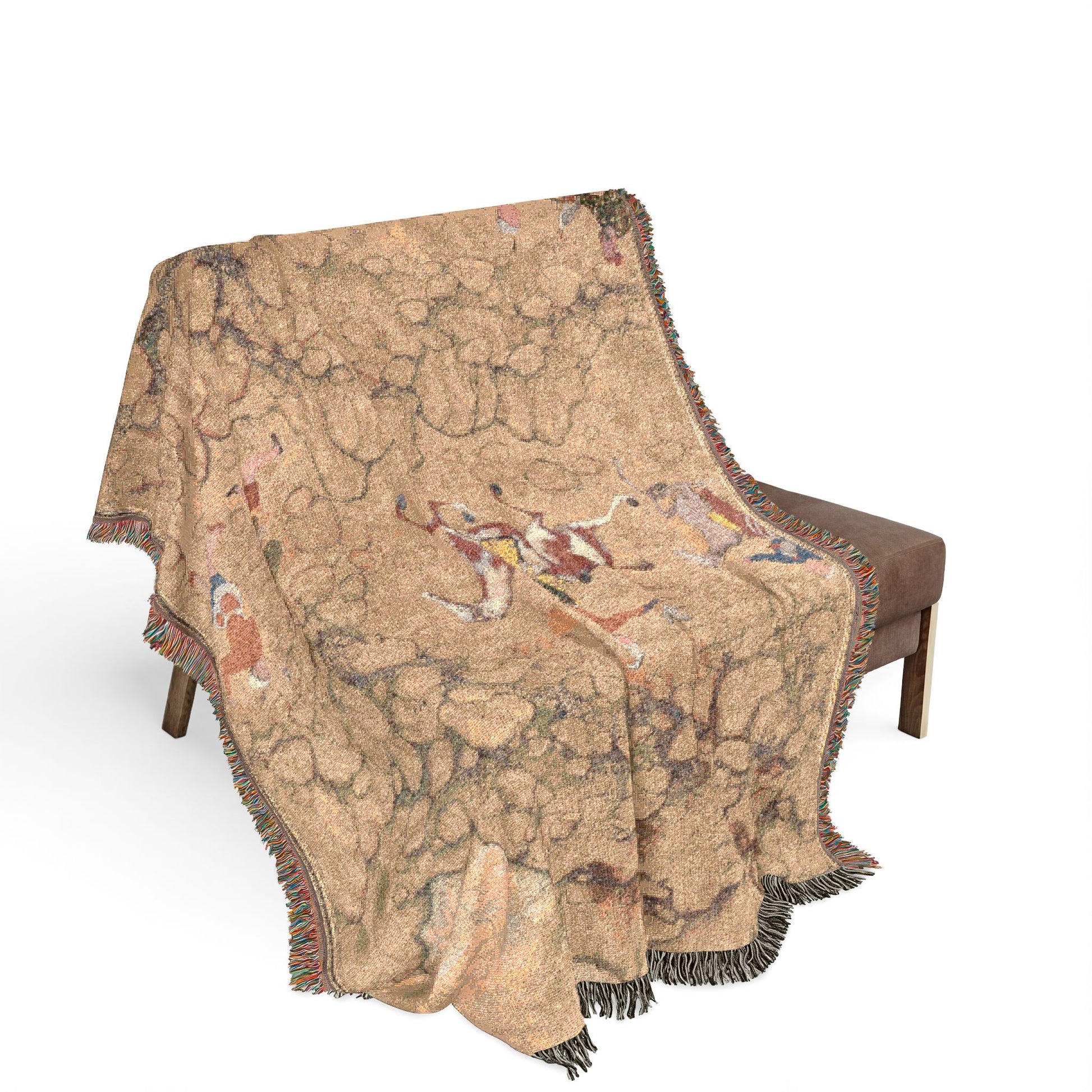 Hunting with falcons throw blanket draped over bench tan textured landscape with small hunting figures fringed
