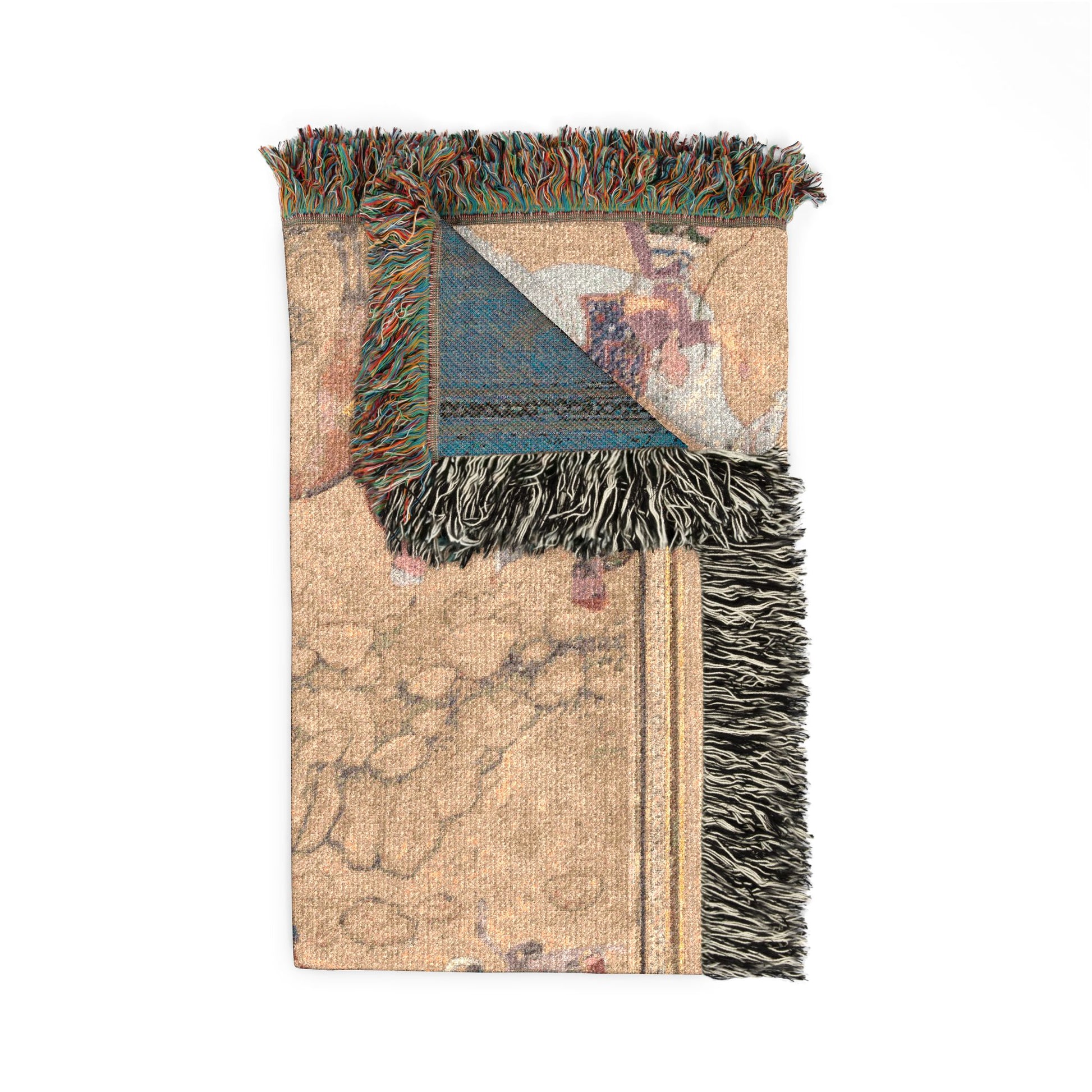 Hunting with falcons throw blanket folded tan hunting scene front teal reverse side multicolor fringe