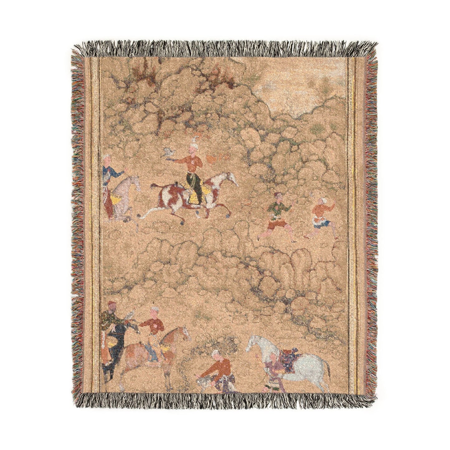Hunting with falcons woven throw blanket flat lay golden tan landscape horsemen falconers birds in flight fringed