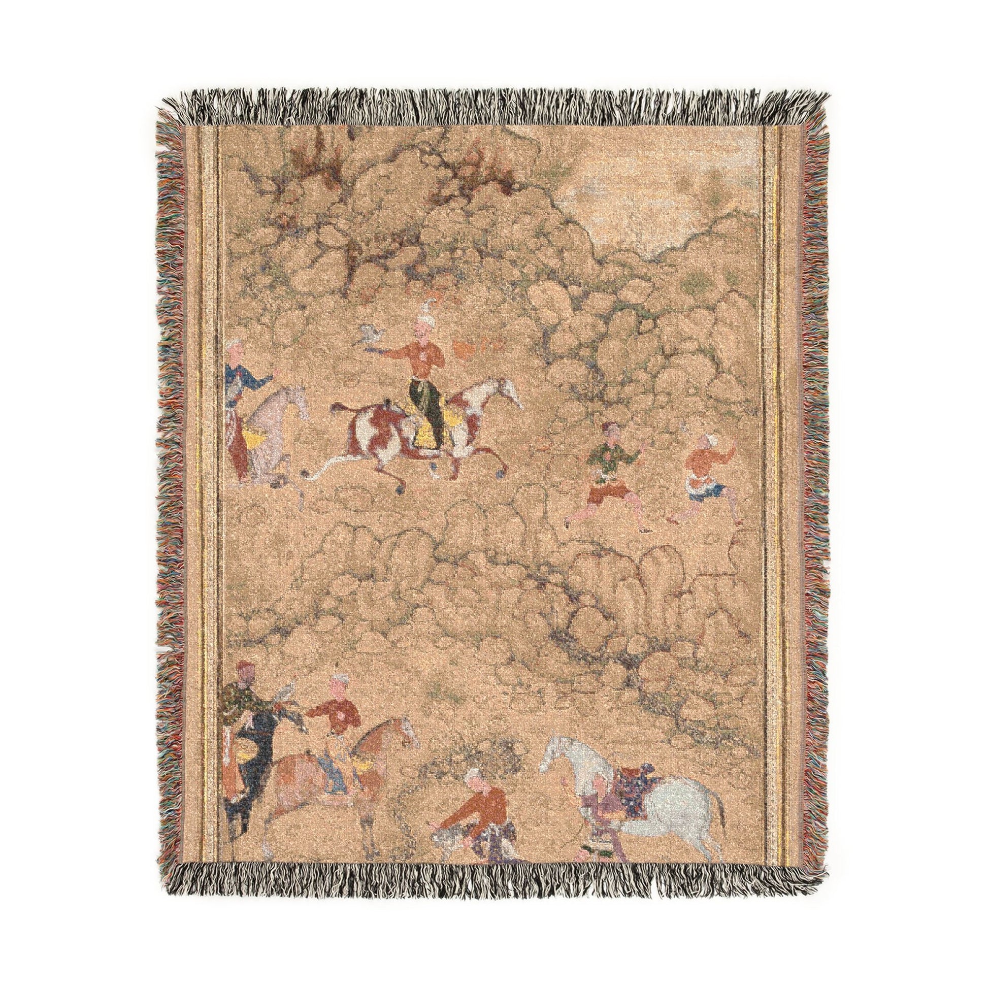 Hunting with falcons woven throw blanket flat lay golden tan landscape horsemen falconers birds in flight fringed