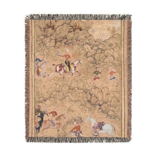 Hunting with falcons woven throw blanket flat lay golden tan landscape horsemen falconers birds in flight fringed