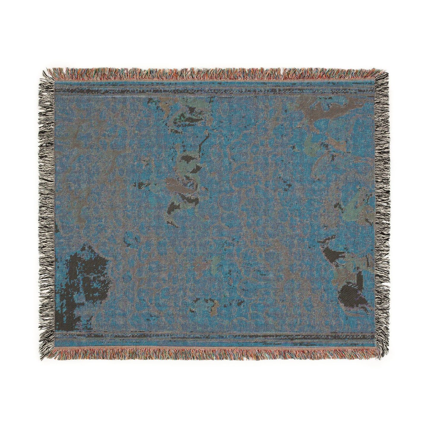Hunting with falcons throw blanket reverse flat lay teal blue abstract landscape dark accents fringed border