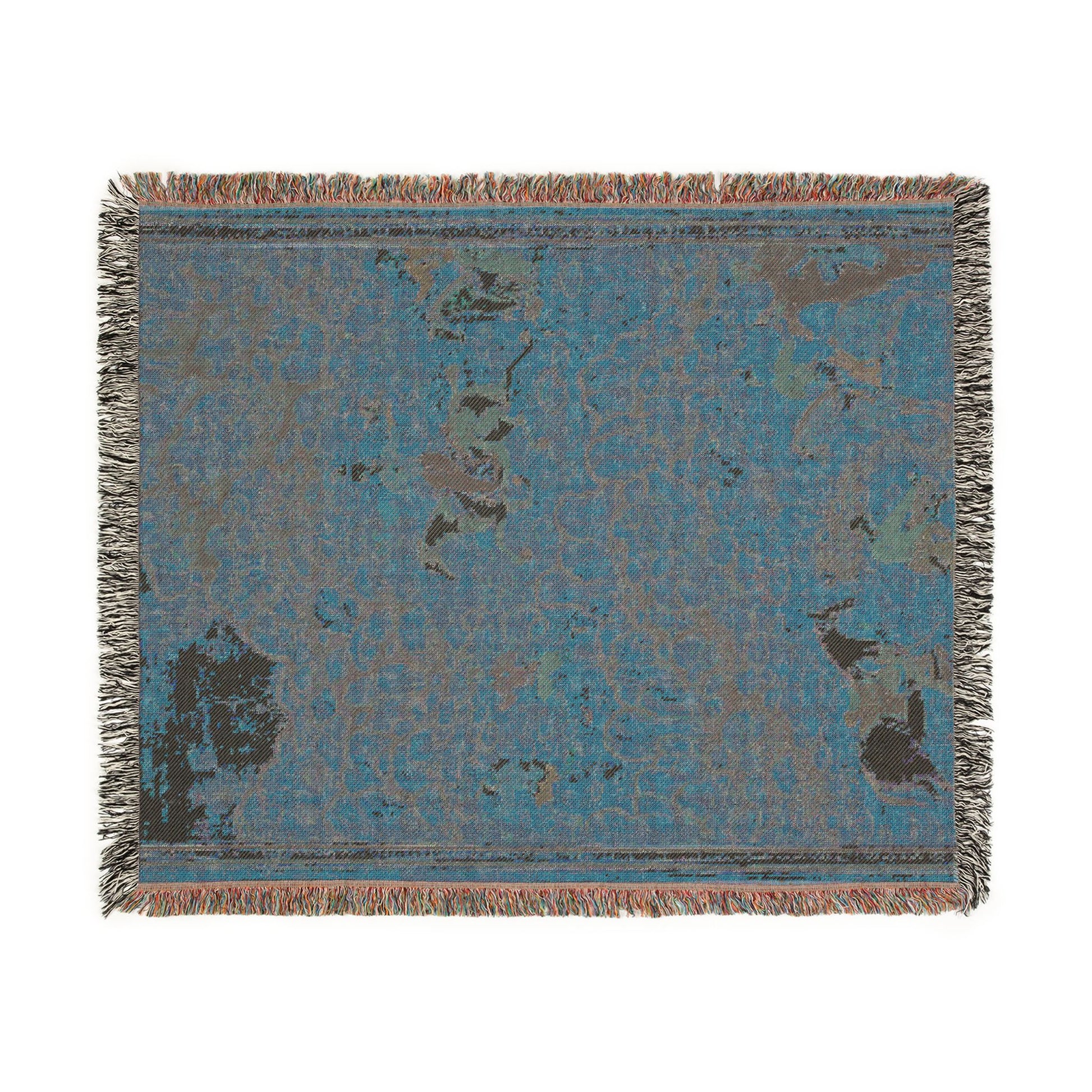 Hunting with falcons throw blanket reverse flat lay teal blue abstract landscape dark accents fringed border