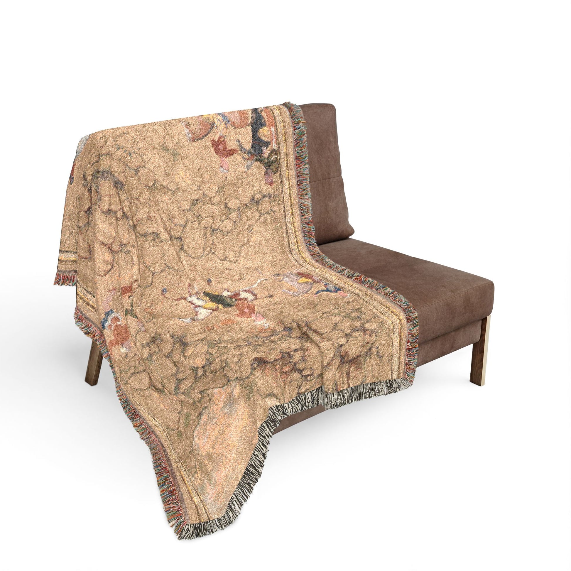 Hunting with falcons throw blanket on armchair tan textured landscape colorful hunting figures fringed edges