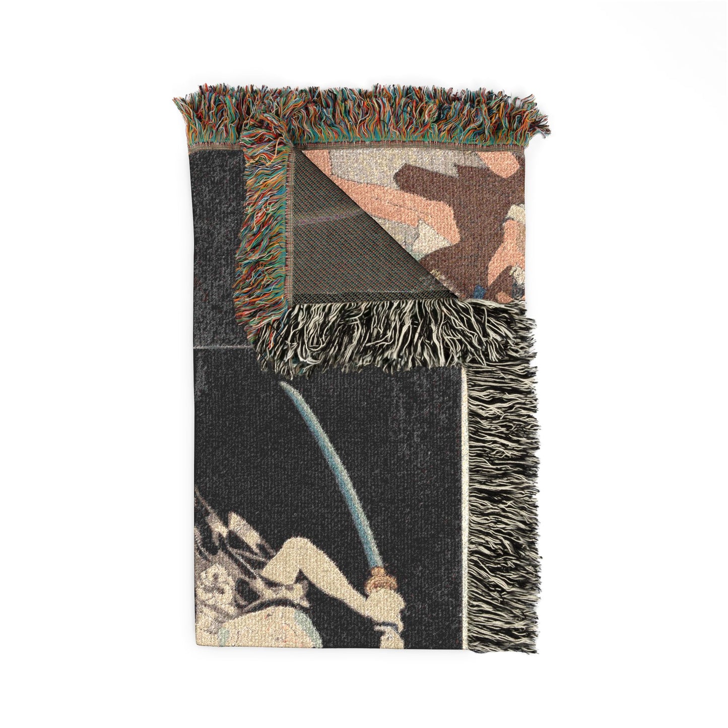 Ichikawa kabuki theater blanket corner fold detail, dark front with sword-wielding actor, multicolor fringe, gray reverse