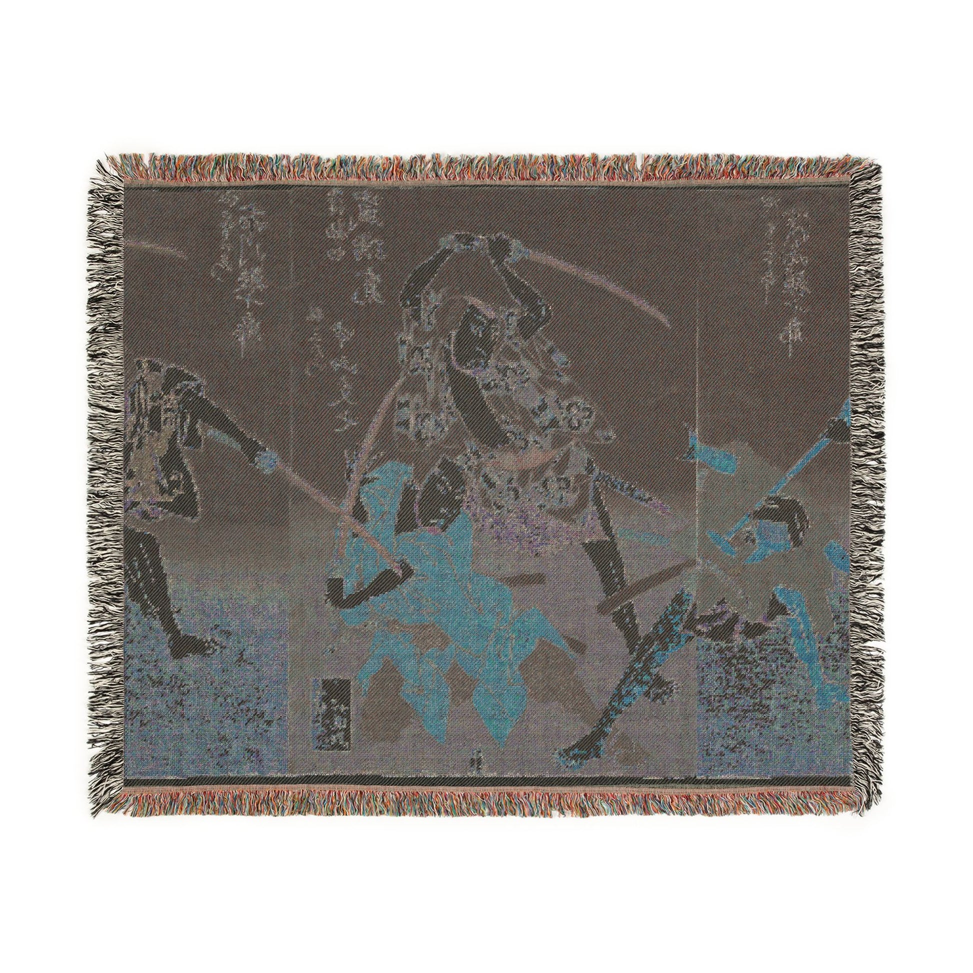 Ichikawa kabuki theater blanket reverse side flat lay, muted gray-brown tones, sword-fighting figures faintly visible, fringe