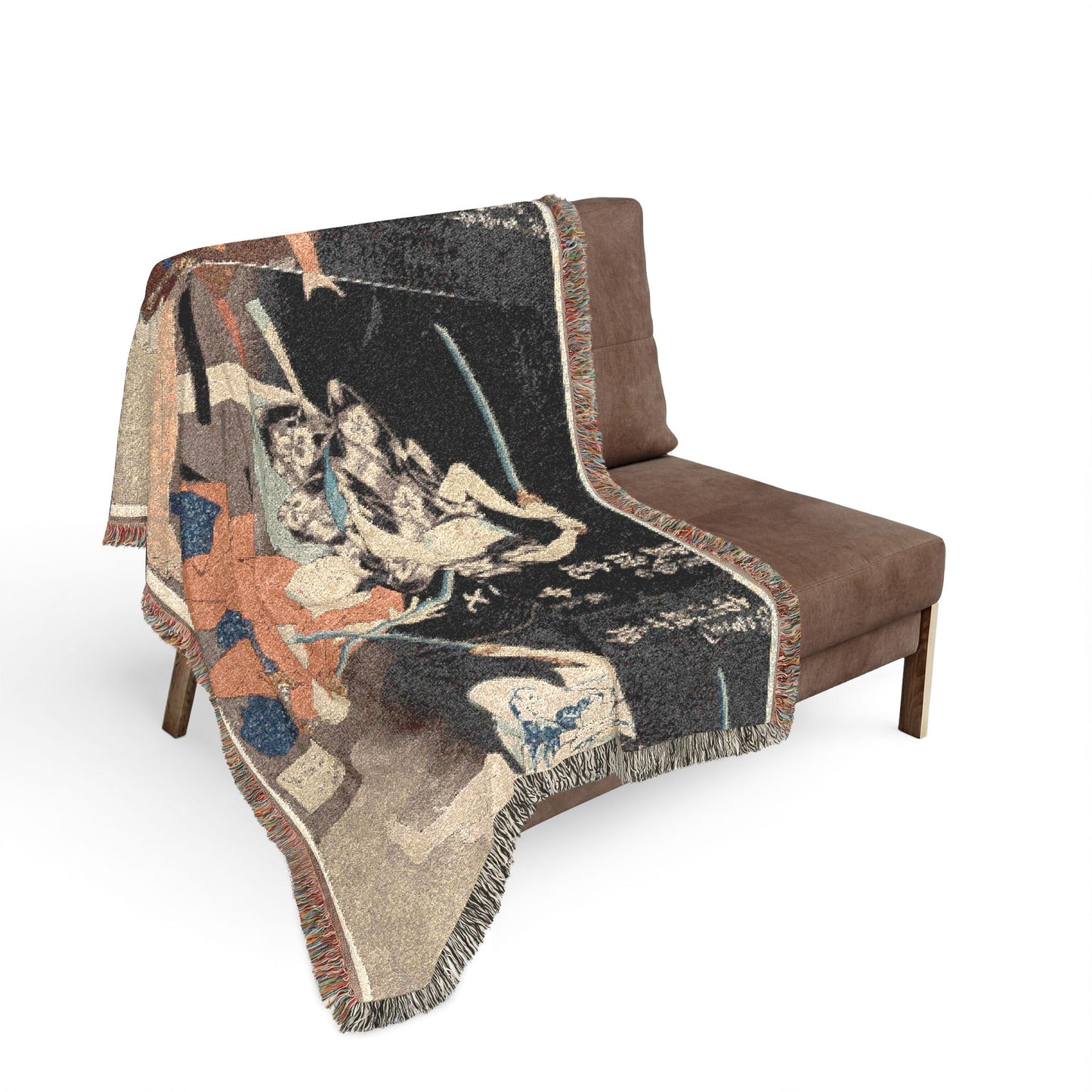 Ichikawa kabuki theater blanket draped on brown sofa, dynamic fighting actors in earth tones, dark background, fringe