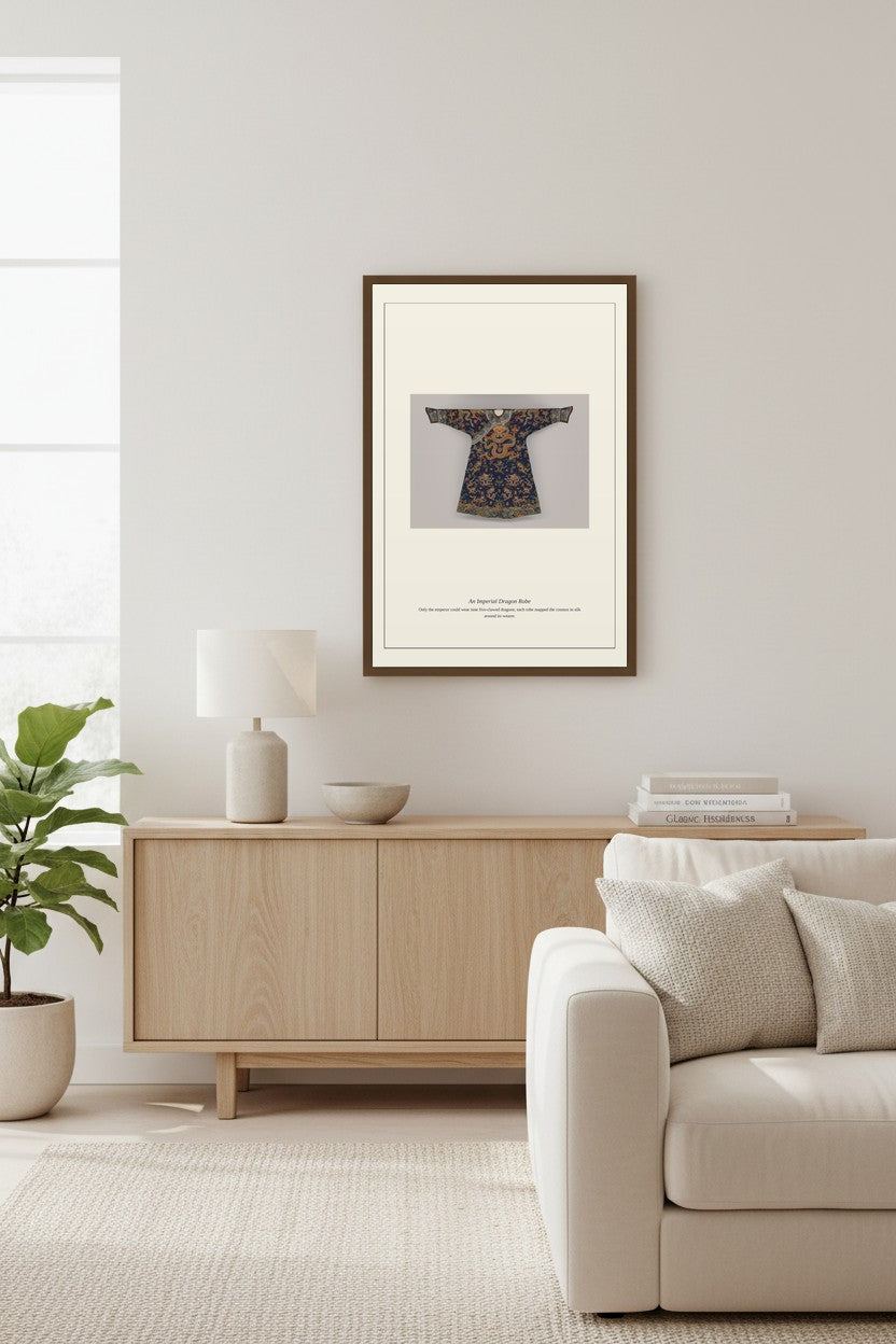 Imperial Dragon Robe print above a light wood sideboard and sofa