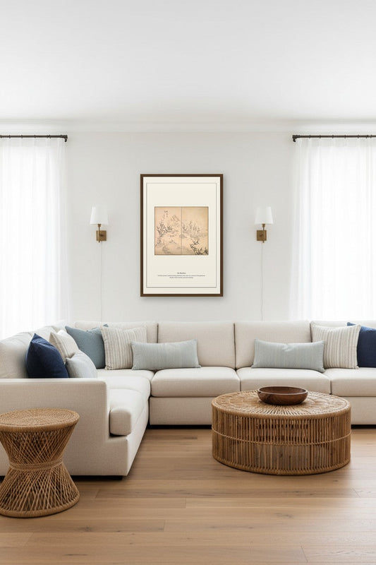 Framed Ink Bamboo painting above a beige sectional in a bright living room
