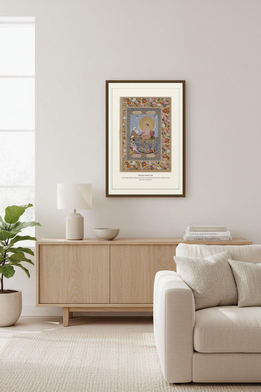 Jahangir and the Sufi miniature framed above a light wood sideboard beside a cream sofa