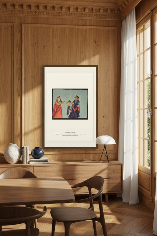 Kalighat Painting print in a dark frame above a fluted wood sideboard and cream sofa
