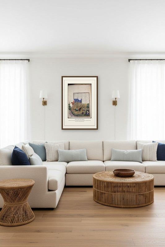 Khusraw Spies Shirin Bathing folio framed above a coastal-style sectional sofa with rattan table