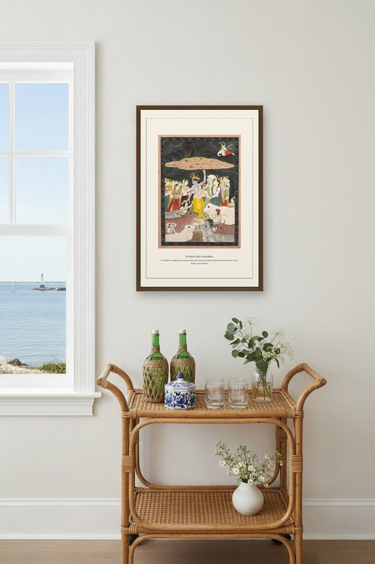 Krishna Lifts Govardhan miniature print above a rattan bar cart near a coastal window