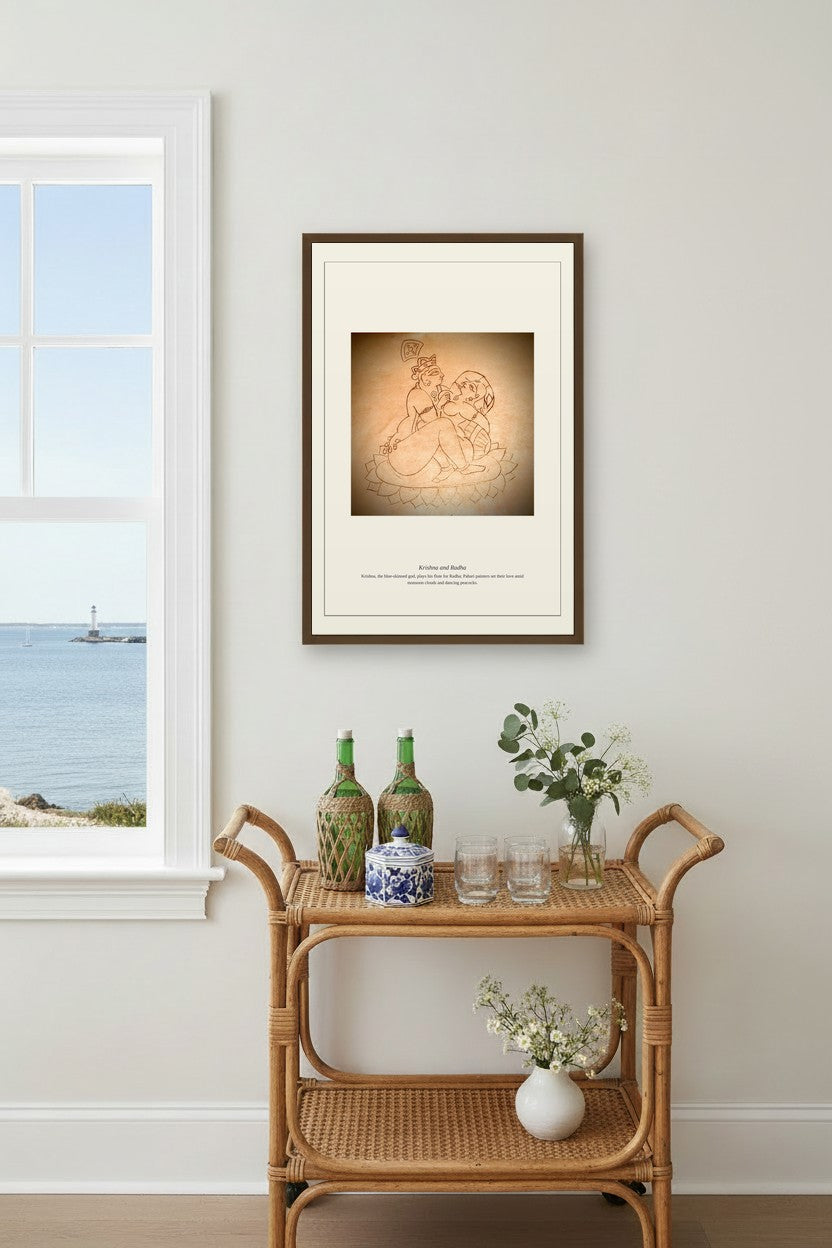 Krishna and Radha print framed above a rattan bar cart near a window overlooking the coast
