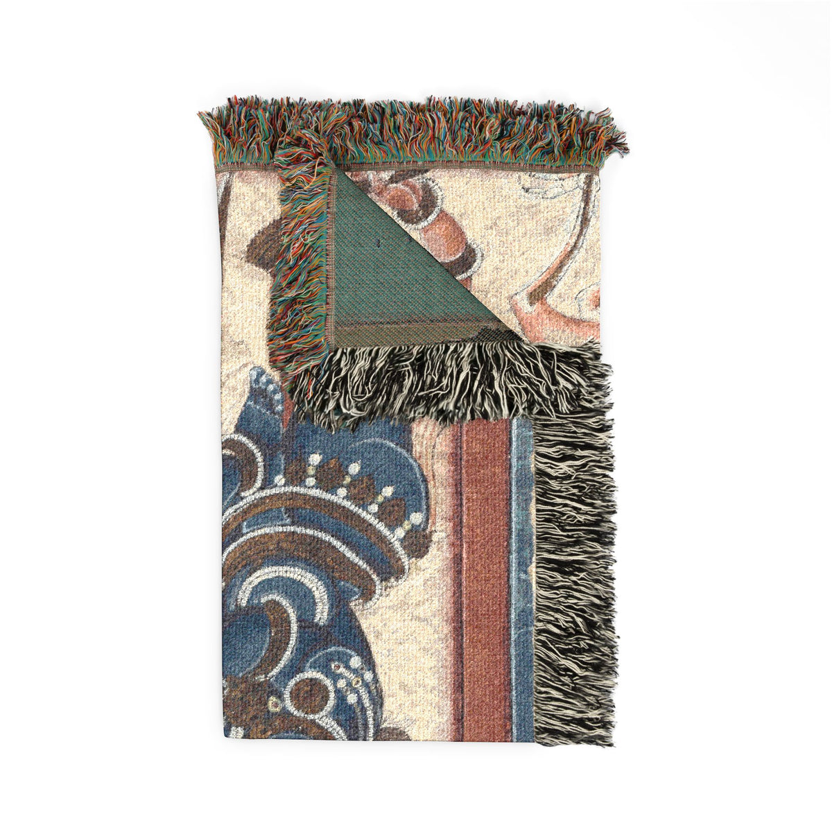 Krishna Vanquishing Crane-Demon blanket corner folded showing front blue design and dark teal reverse, fringe