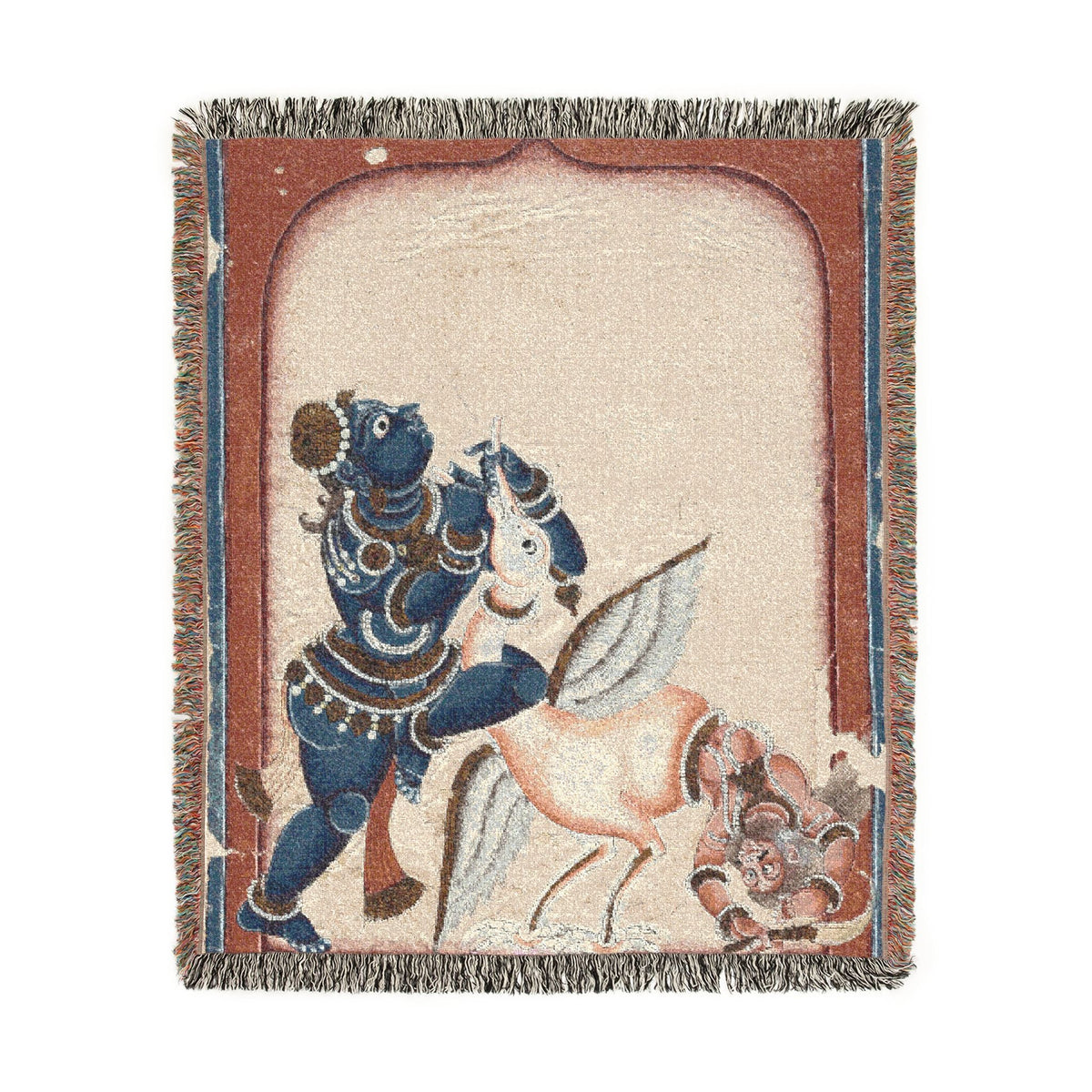 Krishna Vanquishing Crane-Demon blanket front, blue deity subduing bird figure, terracotta border, cream ground, fringe