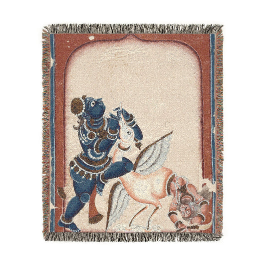 Krishna Vanquishing Crane-Demon blanket front, blue deity subduing bird figure, terracotta border, cream ground, fringe