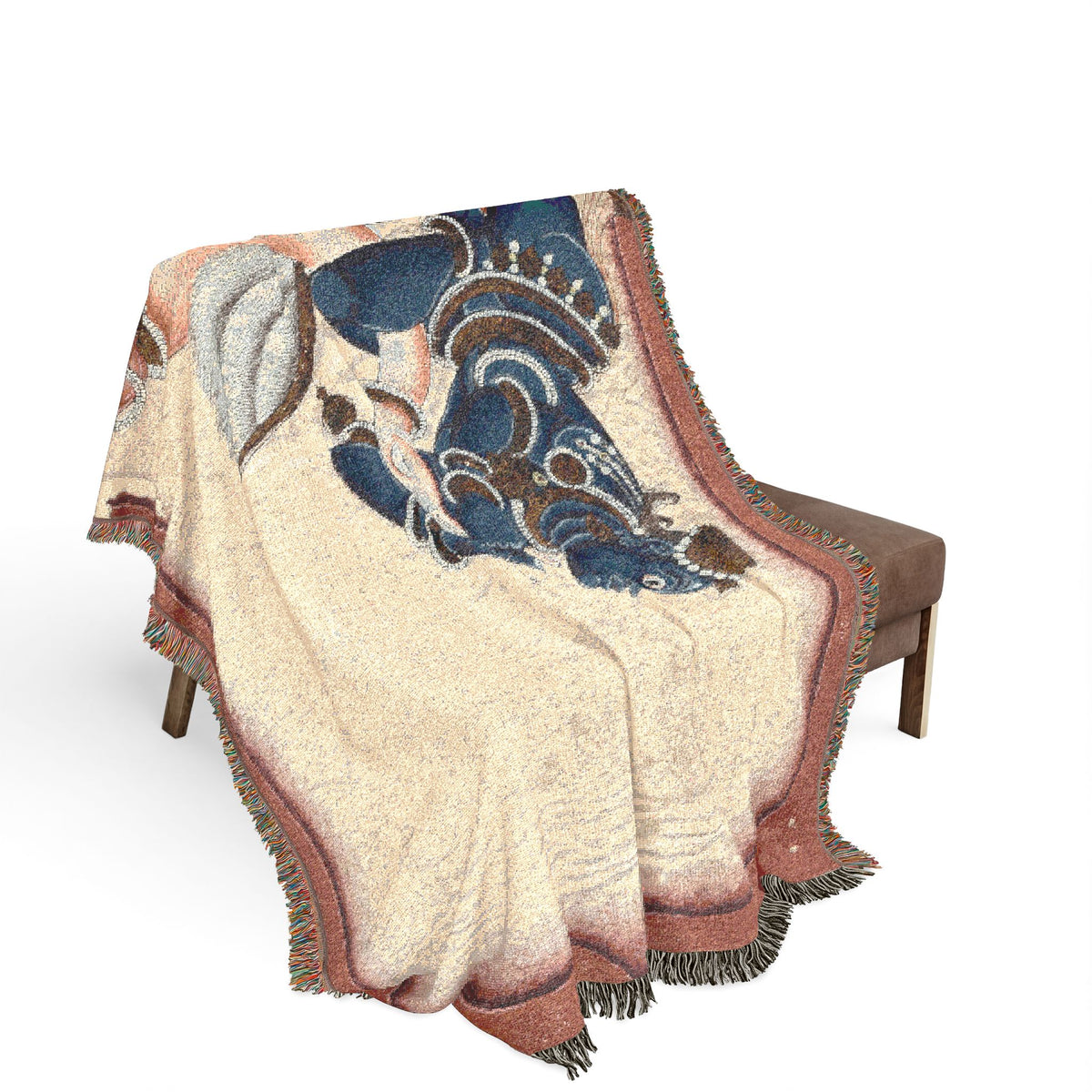 Krishna Vanquishing Crane-Demon blanket draped over wooden bench, blue and cream woven design, red border fringe