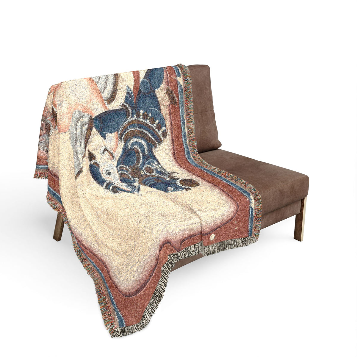 Krishna Vanquishing Crane-Demon blanket over sofa back, blue deity motif with red-brown border fringe draping