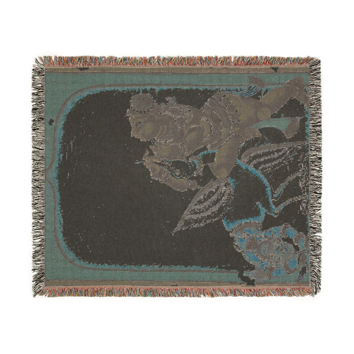 Krishna Vanquishing Crane-Demon blanket reverse side, dark charcoal and teal ground with subtle motifs, fringe edges