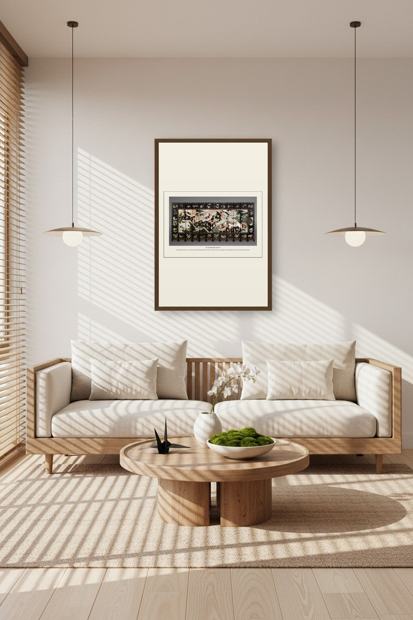 A Coromandel Screen print framed above a beige sofa in a sunlit room with pendant lighting