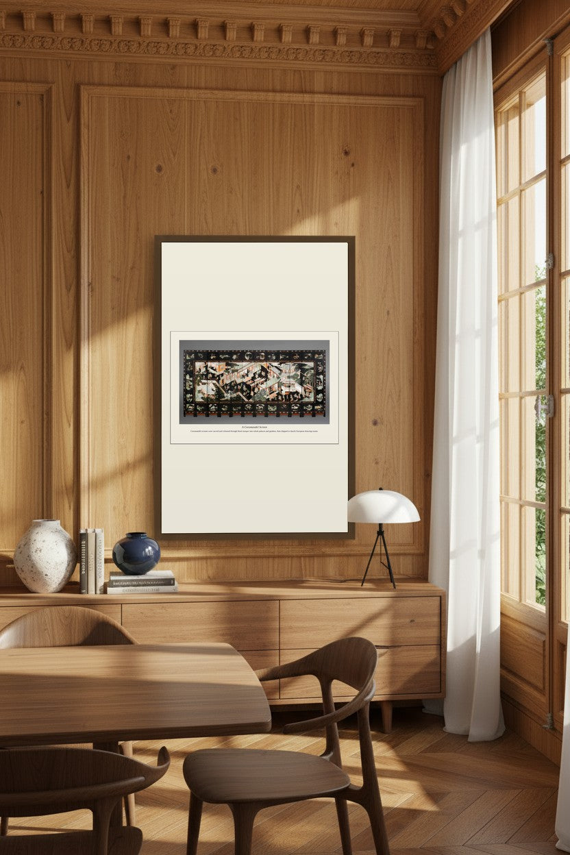 A Coromandel Screen print framed on a wood-paneled wall beside a curtained window above a sideboard