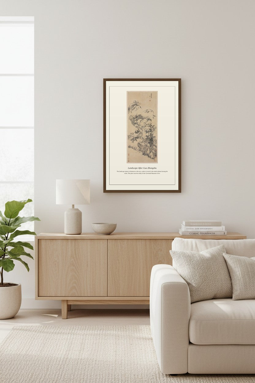 Landscape After Guo Zhongshu framed print above a wooden sideboard in a living room