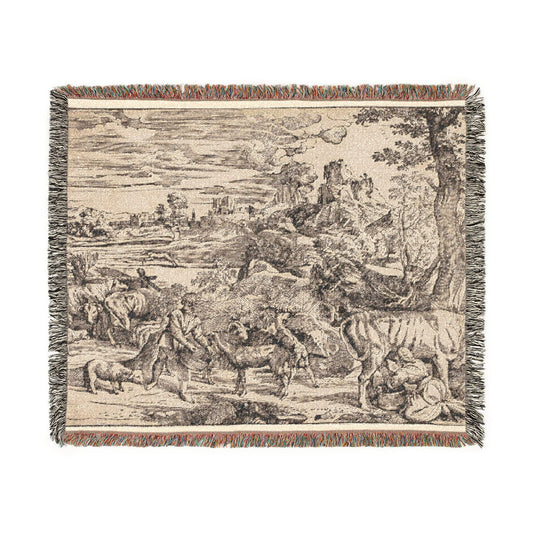 Landscape with a Milkmaid woven throw blanket flat lay, cream ground with black pastoral etching of cattle and milkmaid