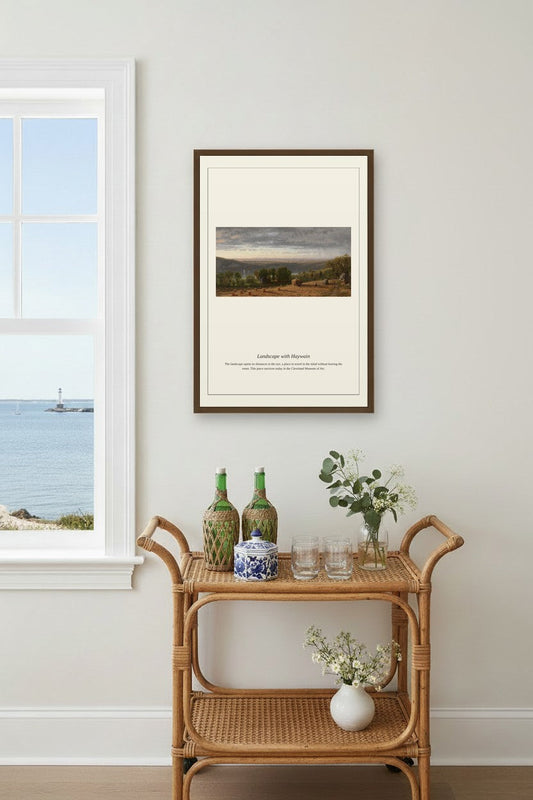 framed valley landscape print above a rattan bar cart near a window overlooking the sea