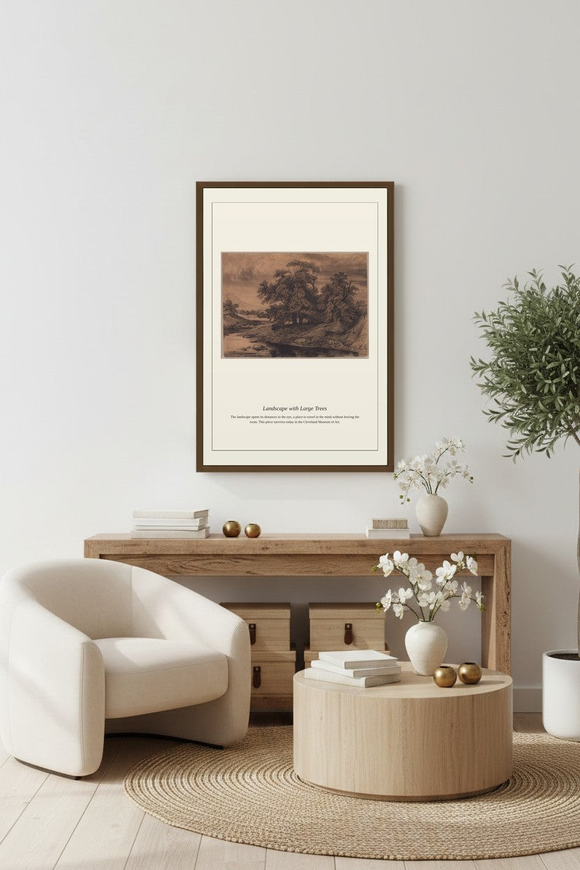 Landscape with Large Trees framed above a light wood console with a small potted plant