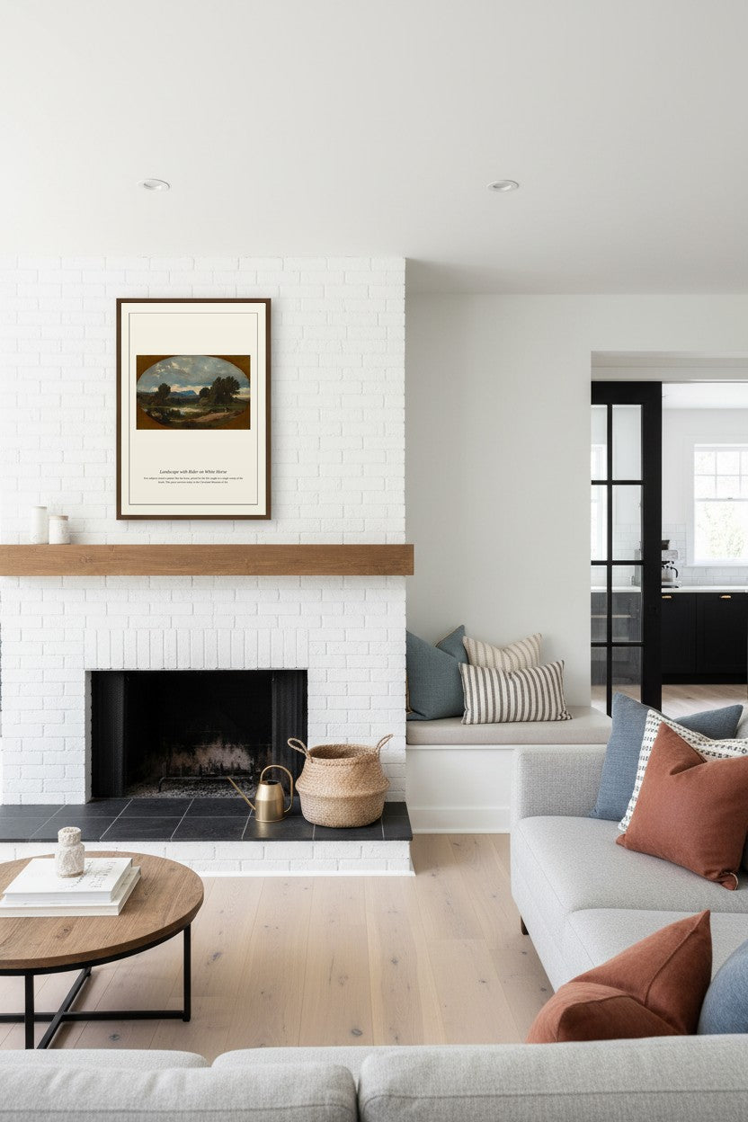 Landscape with Rider on White Horse framed above a painted brick fireplace with a wood mantel