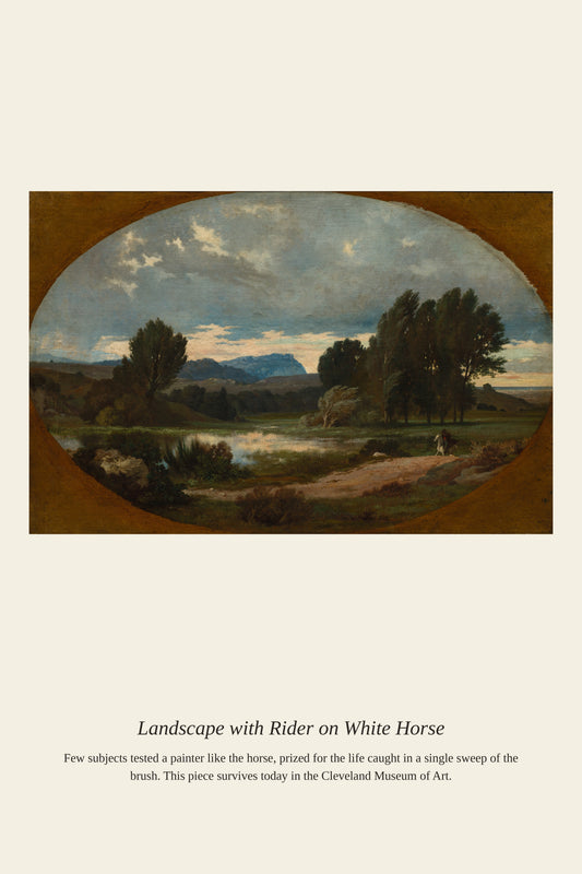 Landscape with Rider on White Horse — a restored antique natural history print