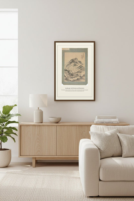 Landscape with Streams and Mountains framed print above a wooden sideboard in a living room