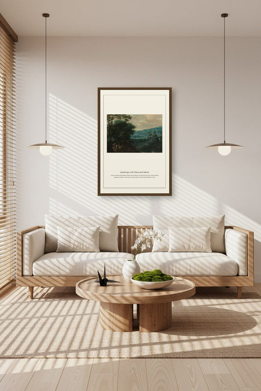 Landscape with Venus and Adonis framed print above a low sofa in a sunlit room