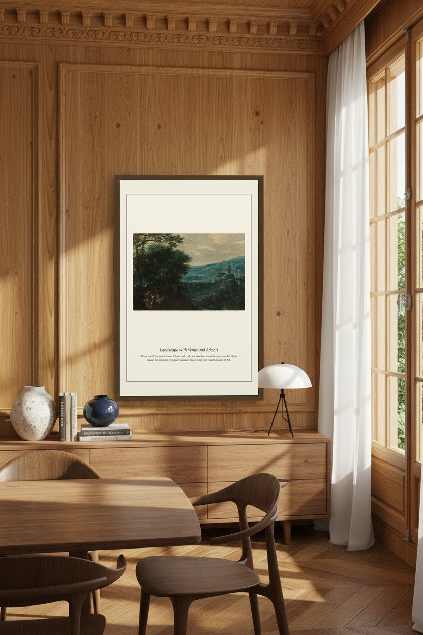 Landscape with Venus and Adonis framed print above a wood-paneled dining sideboard
