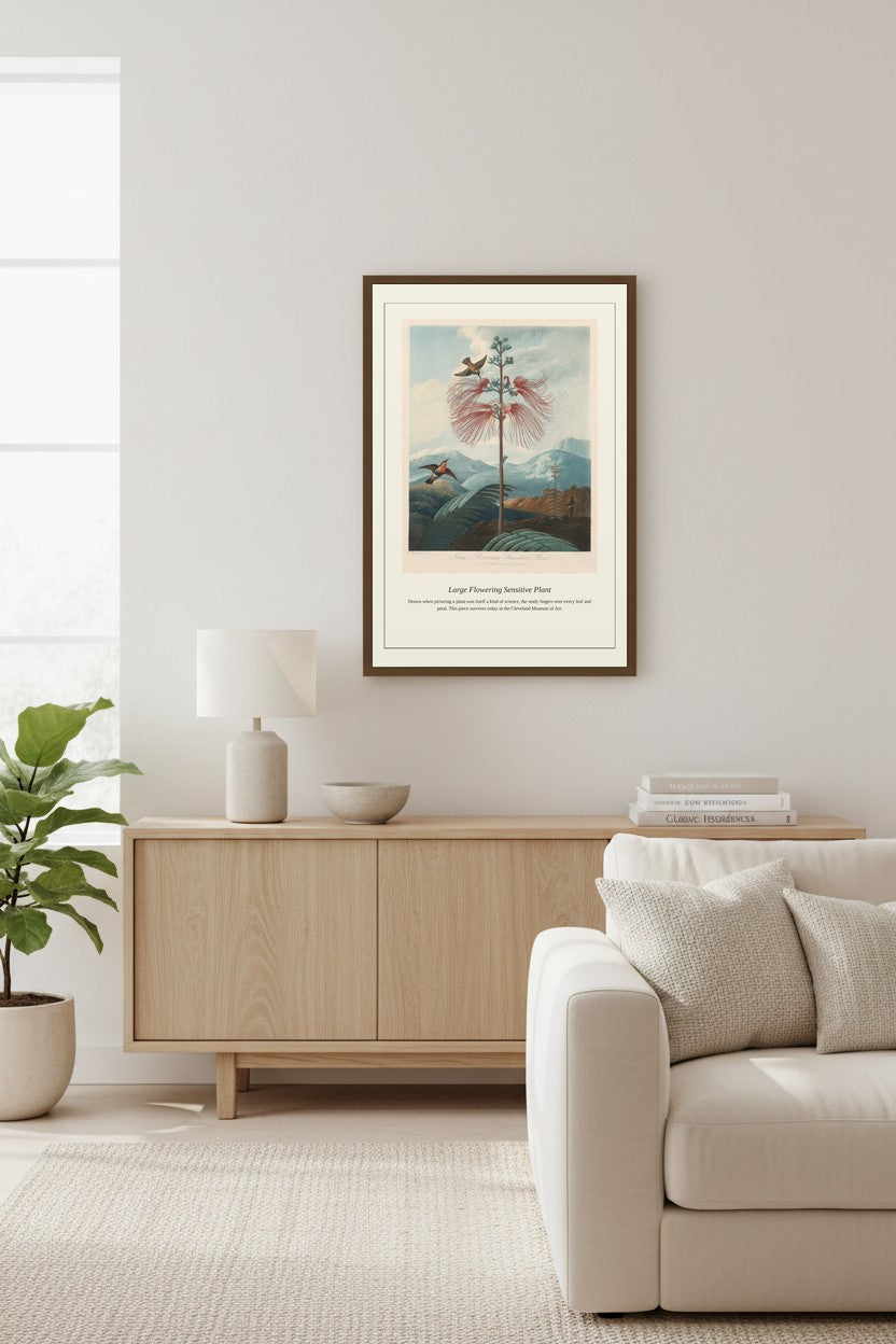 Large Flowering Sensitive Plant framed above a light wood sideboard with a potted fig tree nearby