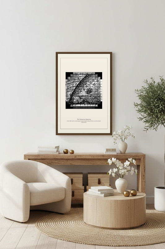 The Flammarion Engraving framed above a light wood console with a small potted plant