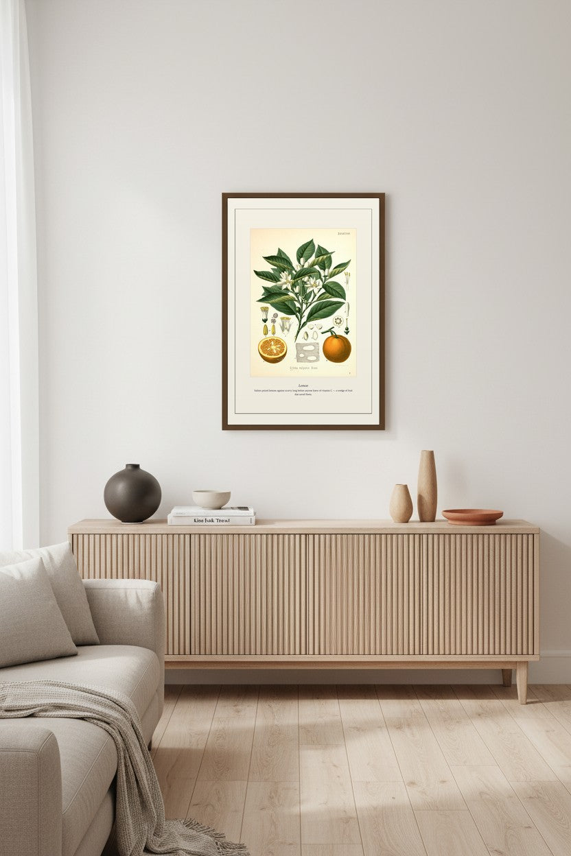 Lemon citrus print framed in a sunlit living room with wooden pendant lights