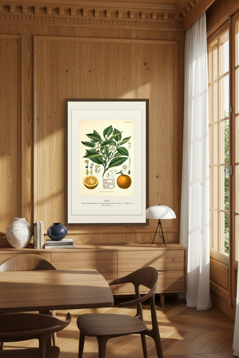 Lemon print framed in a wood-paneled dining room with curtained window